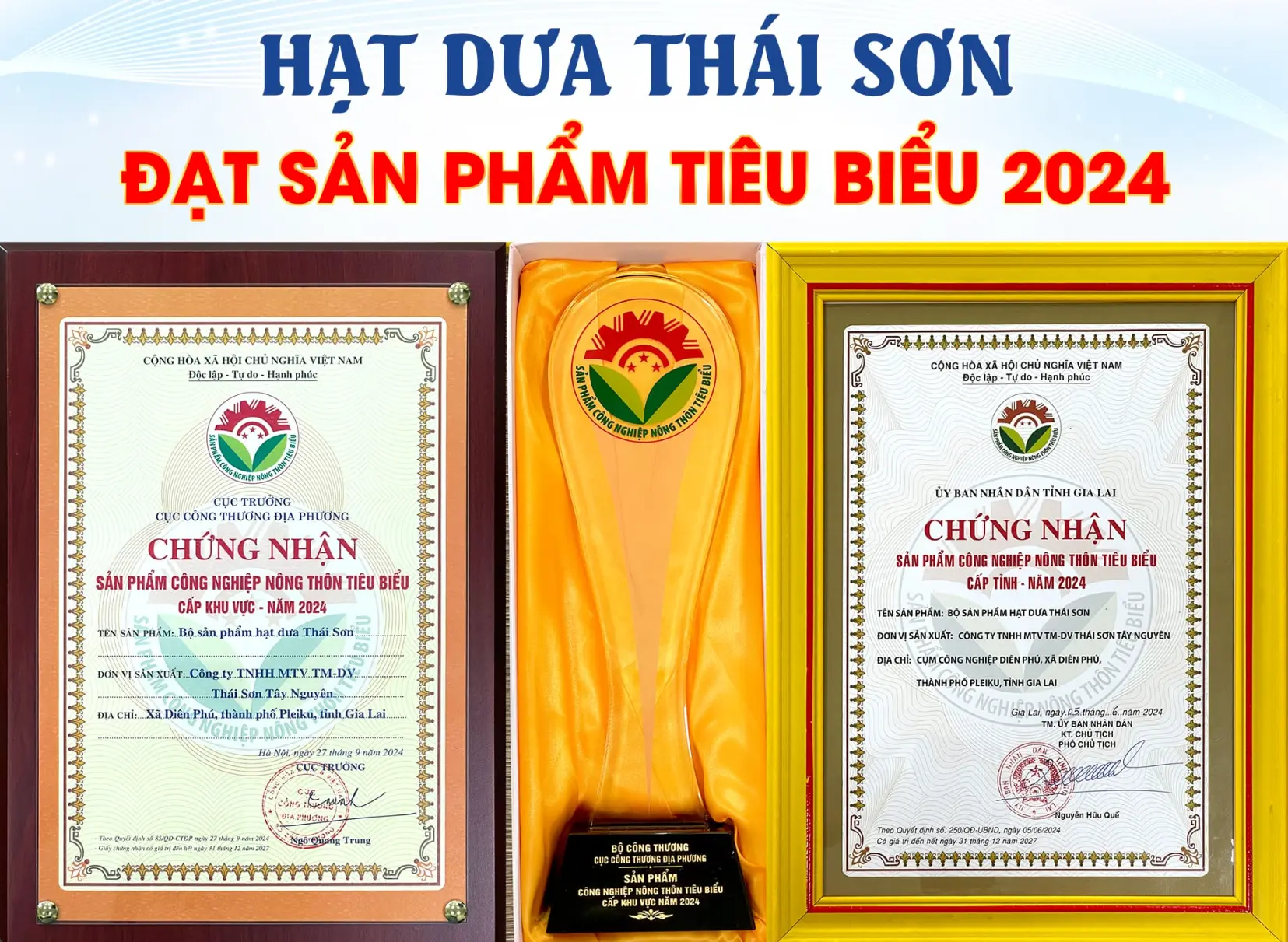 Chứng nhận Sản Phẩm Tiêu Biểu 2024 - Hạt Dưa Thái Sơn 🏆 Hạt dưa Thái Sơn đạt chứng nhận Sản Phẩm Tiêu Biểu 2024 - Bộ Công Thương