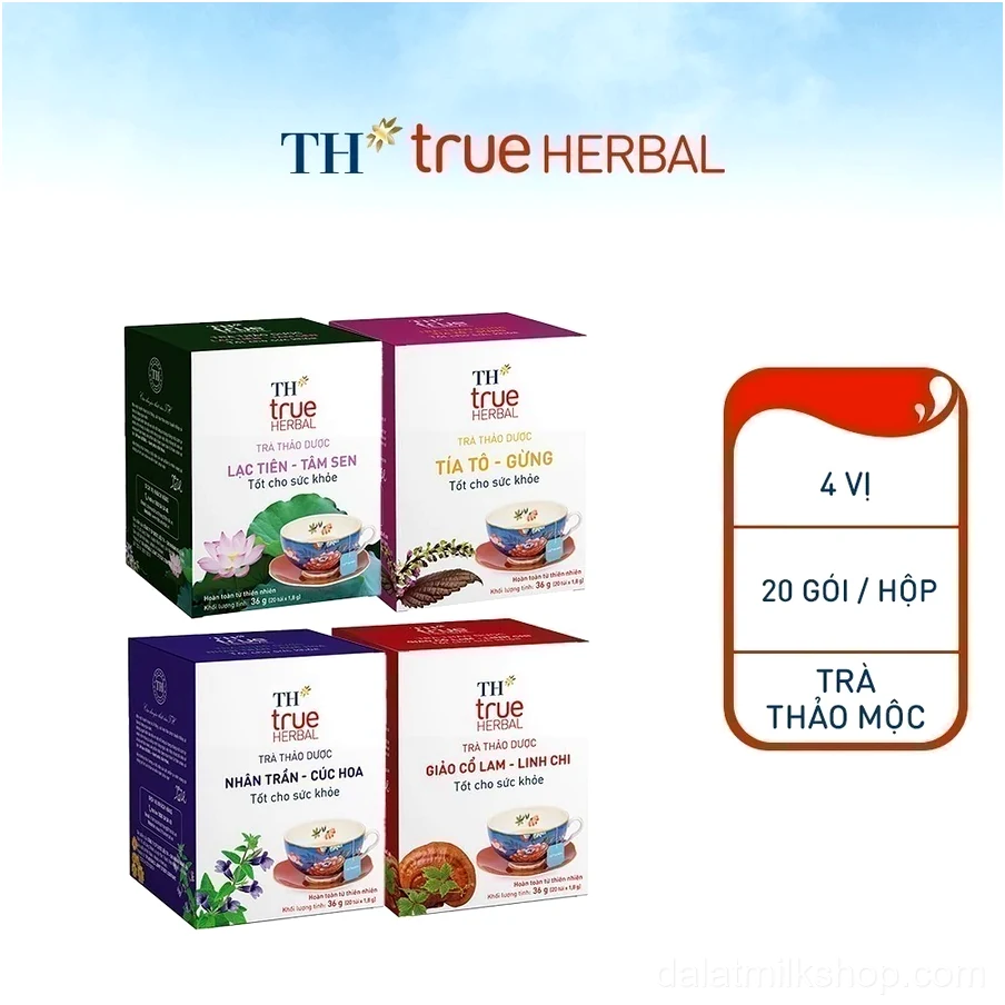 Bộ 4 hộp trà TH true HERBAL Giảo cổ lam – Linh chi Nhân trần – Cúc hoa Lạc tiên – Tâm sen Tía tô – Gừng (80 gói)