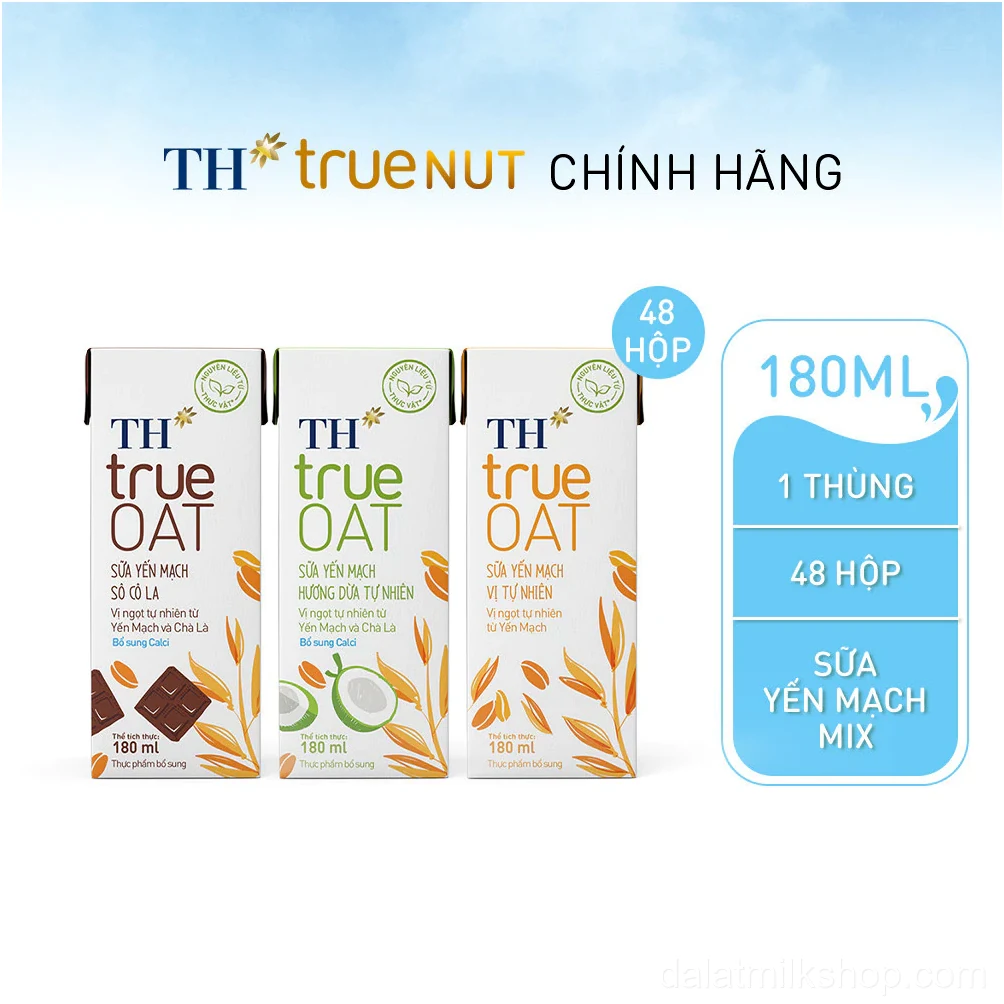 Combo mix 12 lốc sữa Yến mạch vị Tự nhiên Hương Dừa Tự Nhiên Sô Cô La TH True OAT (180ml x 48 hộp)