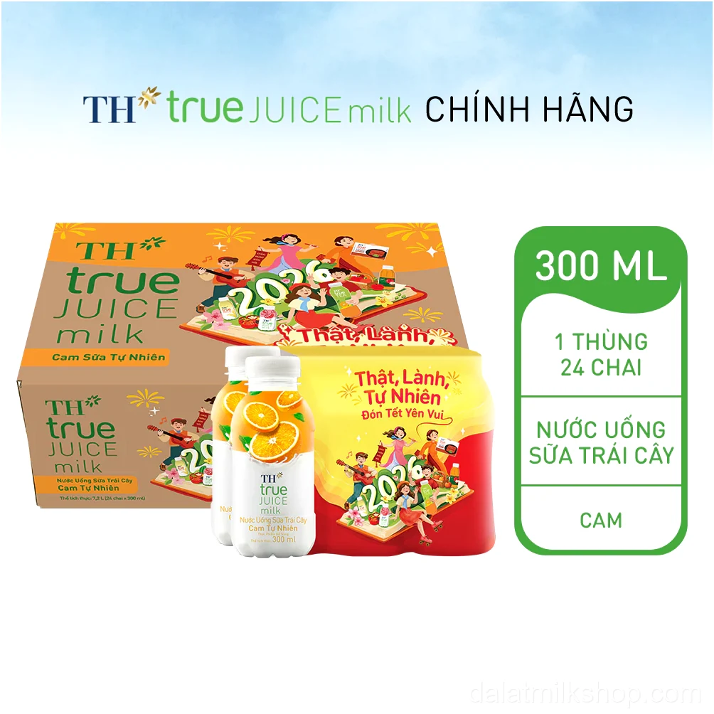 Thùng 24 chai nước uống sữa trái cây TH true JUICE milk cam tự nhiên 300 ml (300 ml x 24)