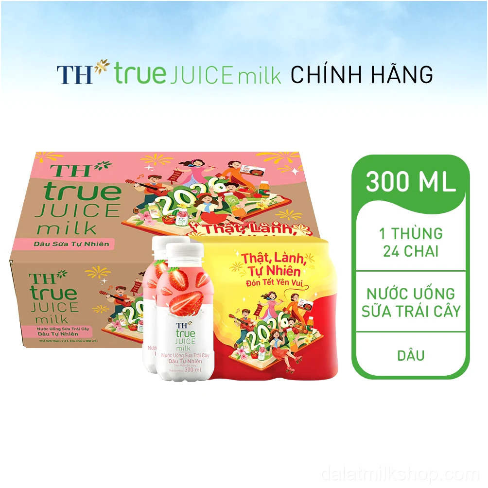 Thùng 24 chai nước uống sữa trái cây TH true JUICE milk dâu tự nhiên 300 ml (300 ml x 24)