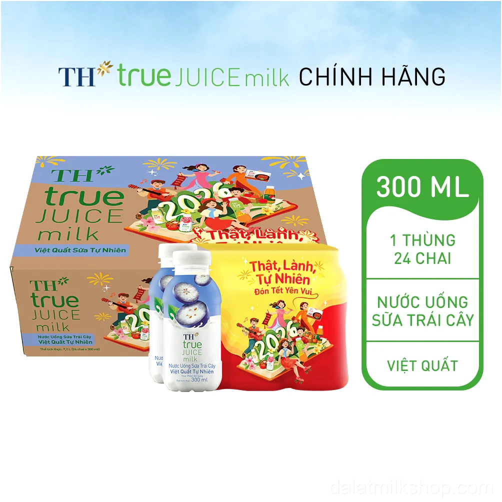 Thùng 24 chai nước uống sữa trái cây TH true JUICE milk việt quất tự nhiên 300 ml (300 ml x 24)