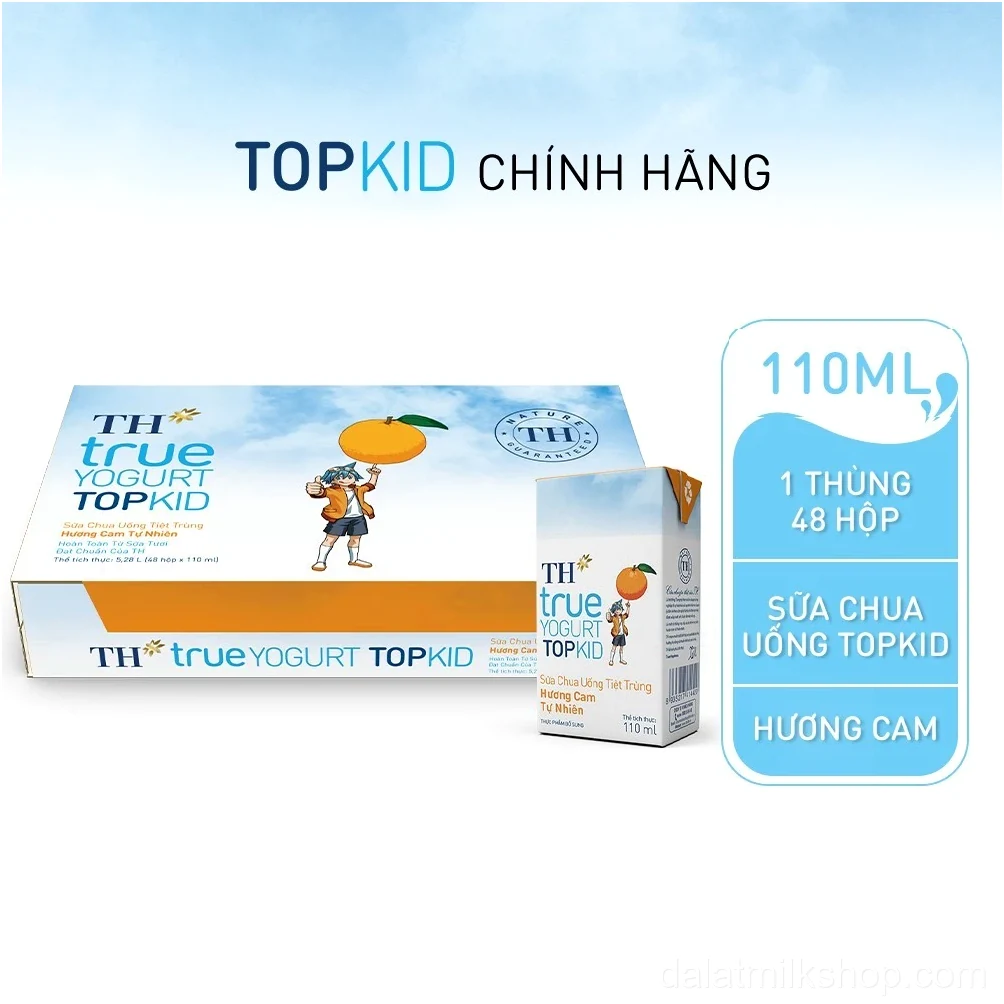 Thùng 48 hộp sữa chua uống tiệt trùng TH true YOGURT TOPKID hương cam tự nhiên 110 ml (110 ml x 48)