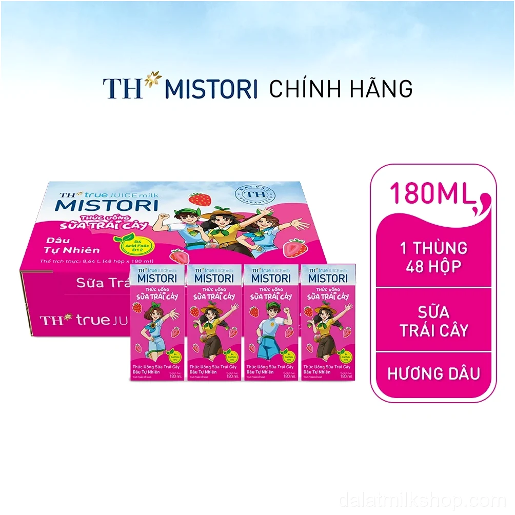 Thùng 48 hộp Sữa trái cây Dâu tự nhiên TH true JUICE MISTORI 180ml