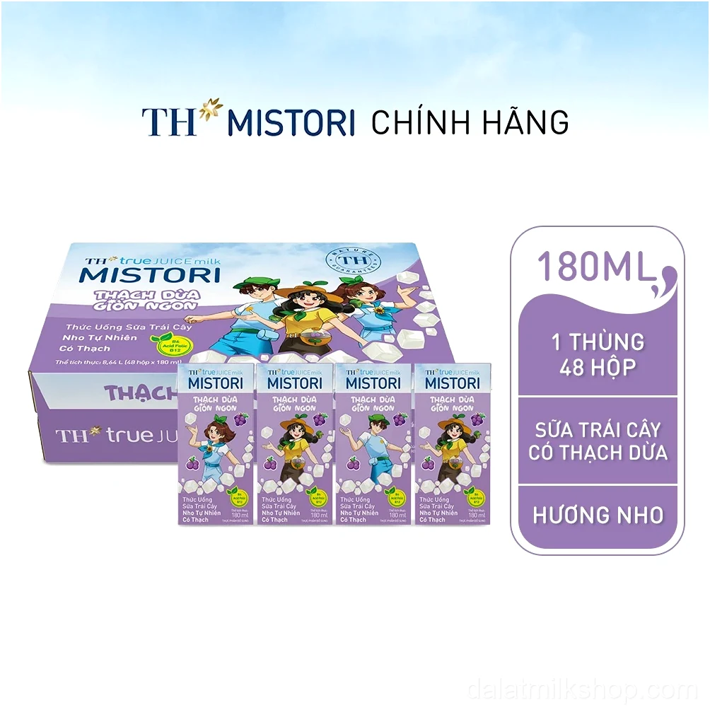 Thùng 48 hộp Sữa trái cây hương Nho có thạch TH true JUICE MISTORI 180ml