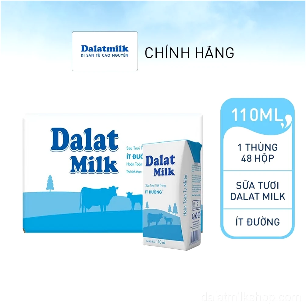 Thùng 48 hộp sữa tươi tiệt trùng Dalatmilk ít đường 110 ml (110 ml x 48)