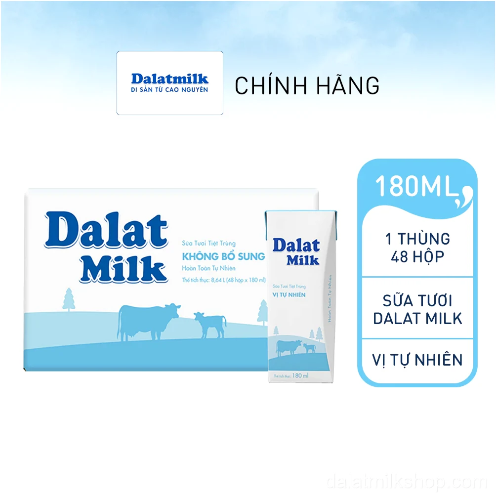 Thùng 48 hộp sữa tươi tiệt trùng Dalatmilk vị tự nhiên 180 ml (180 ml x 48)