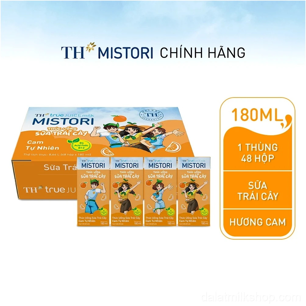 Thùng 48 hộp thức uống Sữa trái cây Cam tự nhiên TH true JUICE milk MISTORI 180ml (180ml x 48)