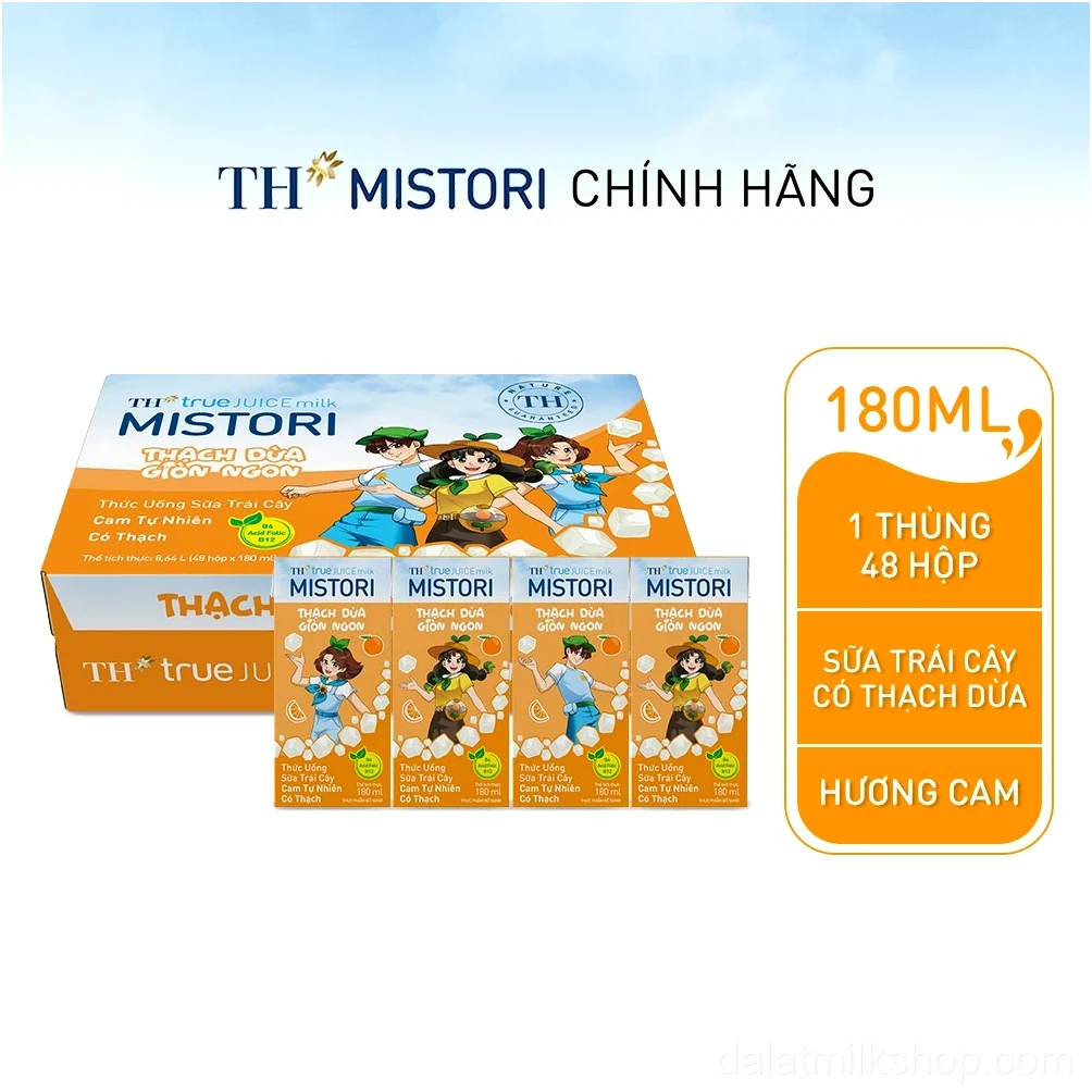 Thùng 48 hộp thức uống Sữa trái cây hương Cam có thạch TH true JUICE milk MISTORI 180ml (180ml x 48)