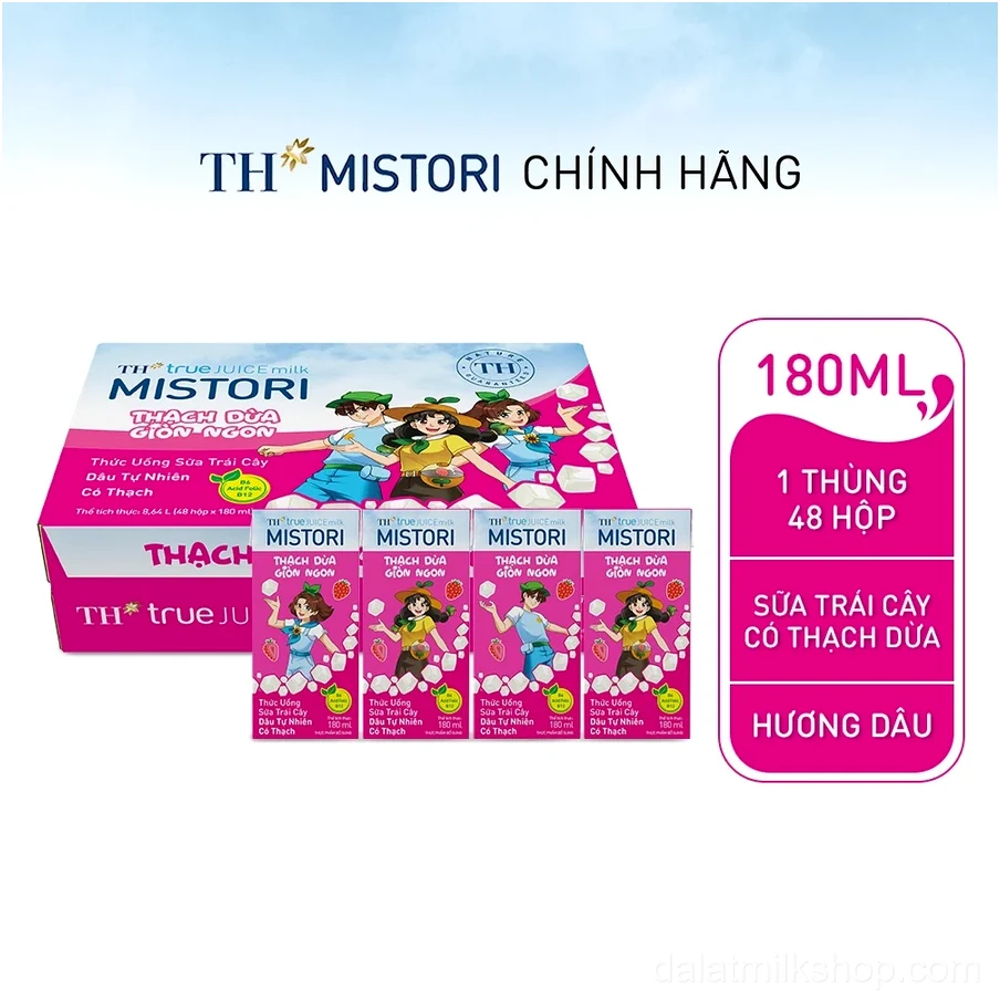 Thùng 48 hộp thức uống Sữa trái cây hương Dâu có thạch TH true JUICE milk MISTORI 180ml (180ml x 48)