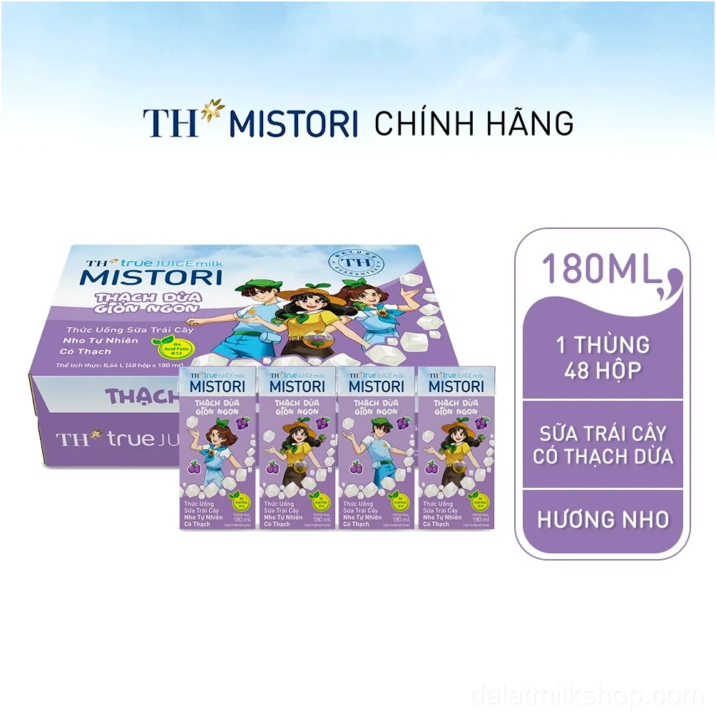 Thùng 48 hộp thức uống Sữa trái cây hương Nho có thạch TH true JUICE milk MISTORI 180ml (180ml x 48)