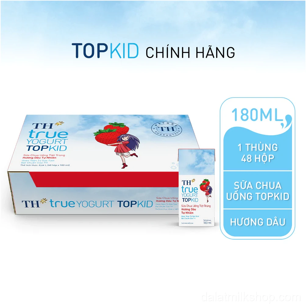 Thùng Sữa Chua Uống Tiệt Trùng TH true YOGURT TOPKID Hương Dâu Tự Nhiên 180ml