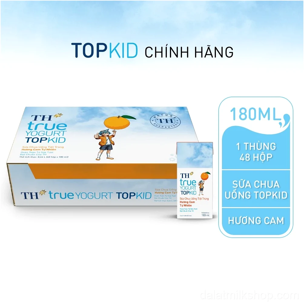 Thùng Sữa Chua Uống Tiệt Trùng TH true YOGURT TOPKID milk Hương Cam 180ml (48 Hộp)