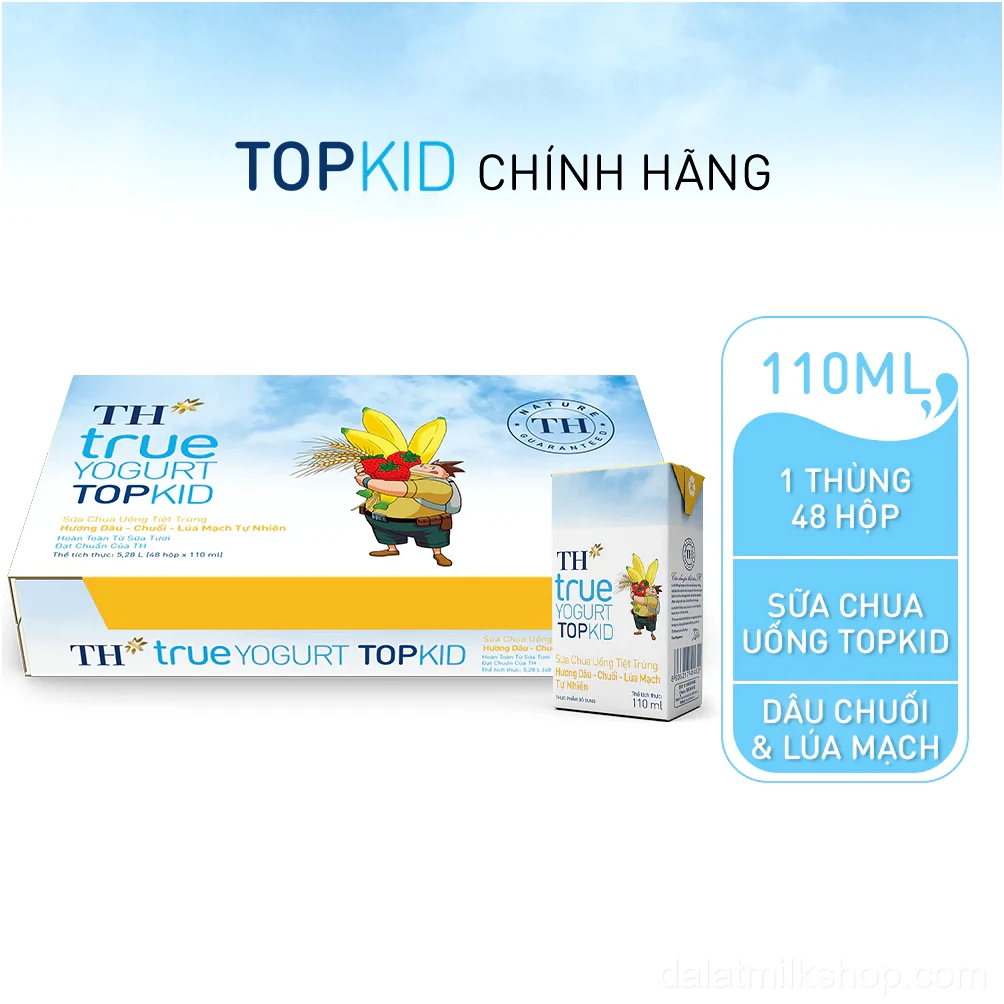 Thùng sữa chua uống tiệt trùng TOPKID hương dâu chuối lúa mạch tự nhiên 110ml x 48 hộp